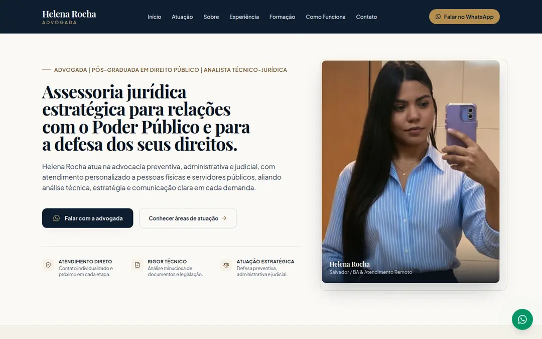 Site Helena Rocha Advocacia com áreas de atuação em Direito Público e Cível.