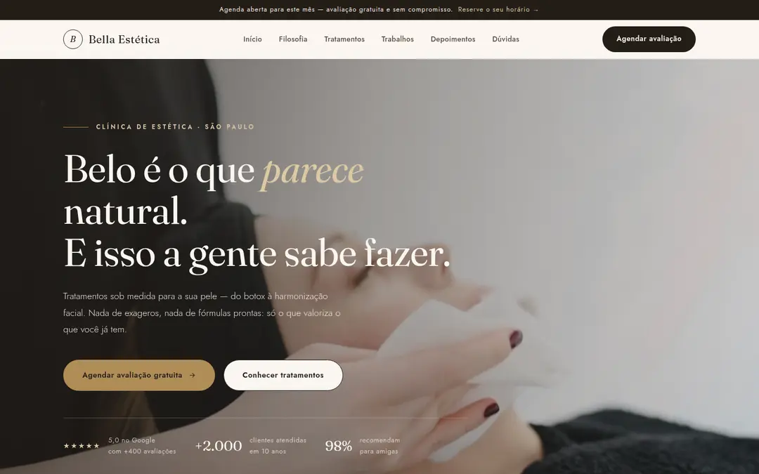 Landing page Bella Estética com apresentação de serviços e agendamento.