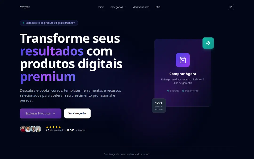 Página inicial da Prime Digital Store, e-commerce de produtos digitais.